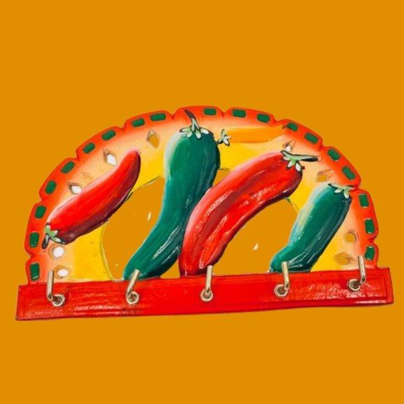 Vintage Chili Pepper Key Hang Painted Metal Decor